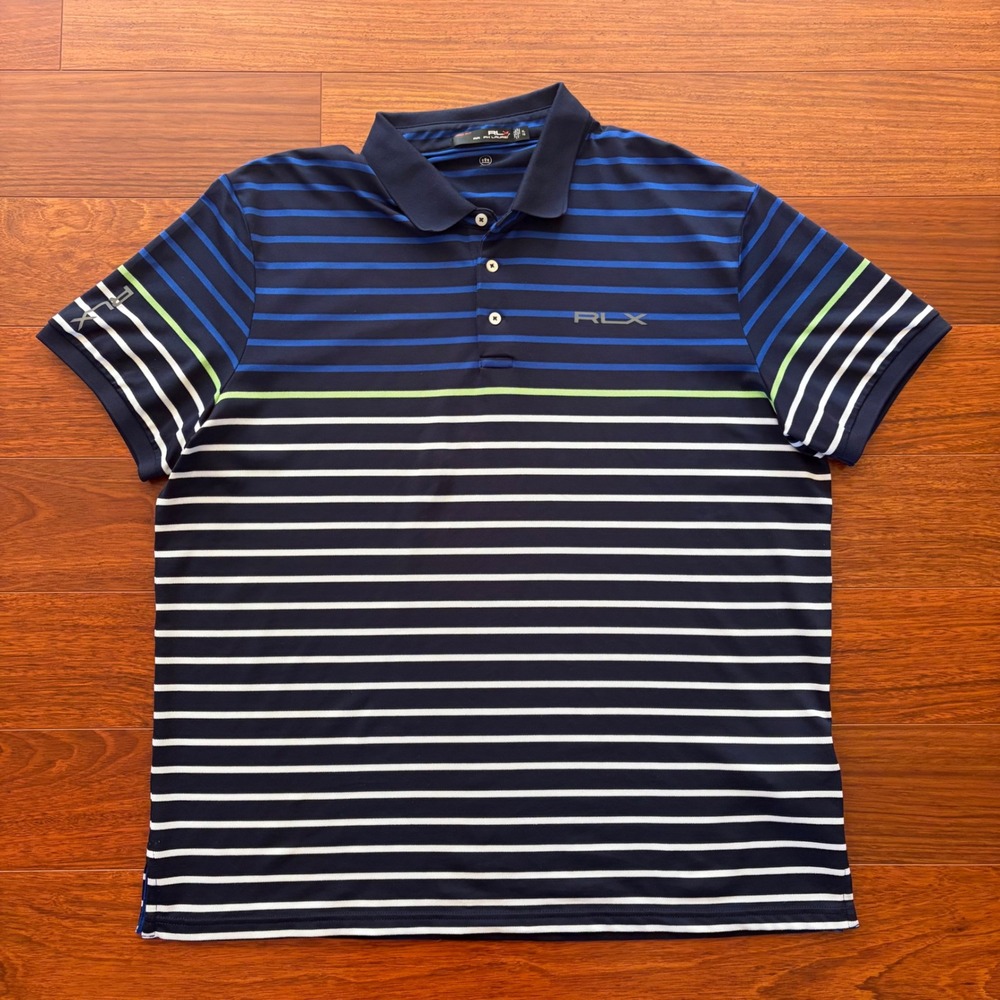 RLX Ralph Lauren Mens XL Blue Striped Pro Fit Performance Golf Polo Shirt Tech
